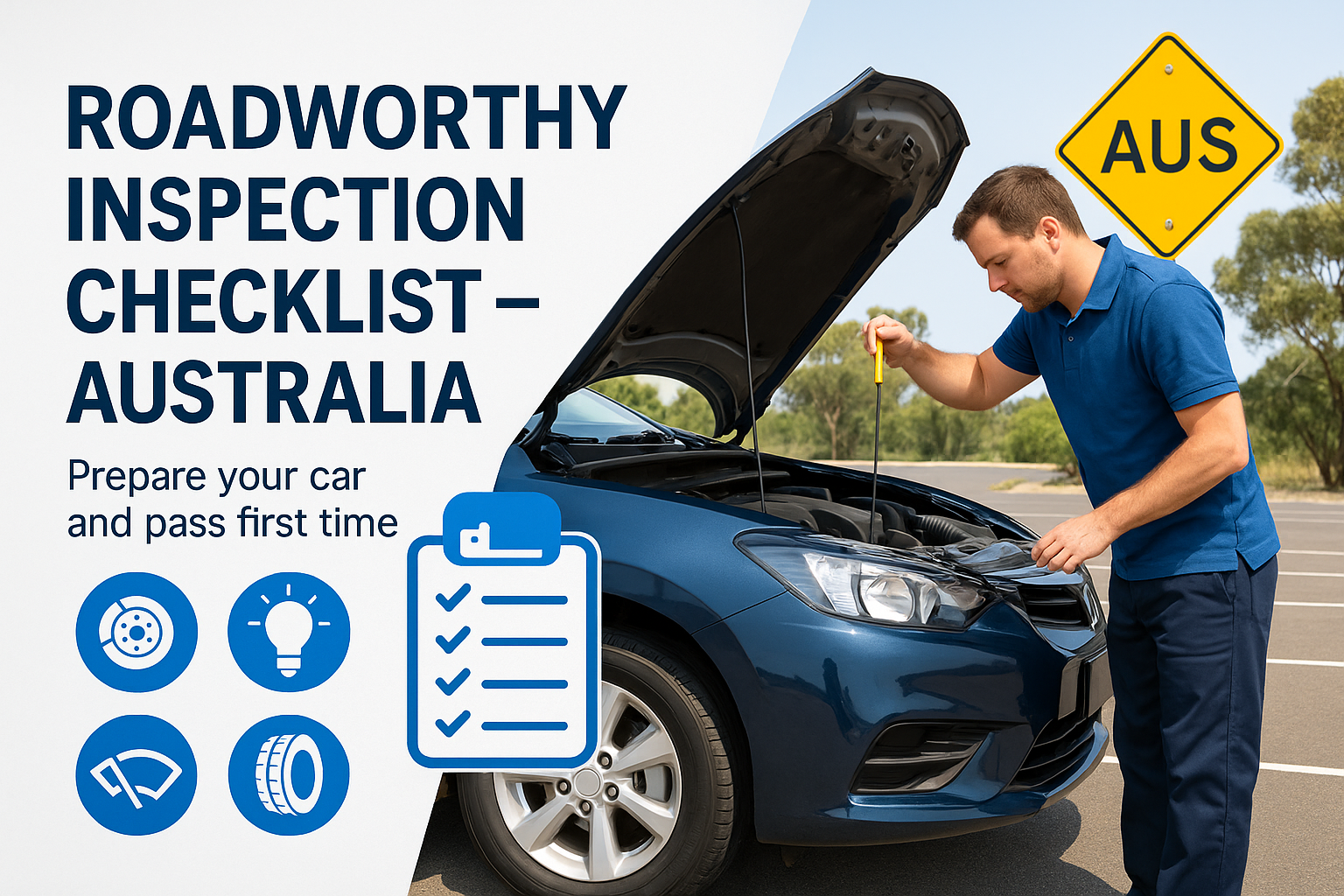 Car undergoing roadworthy inspection in Australia with mechanic checking wipers and lights